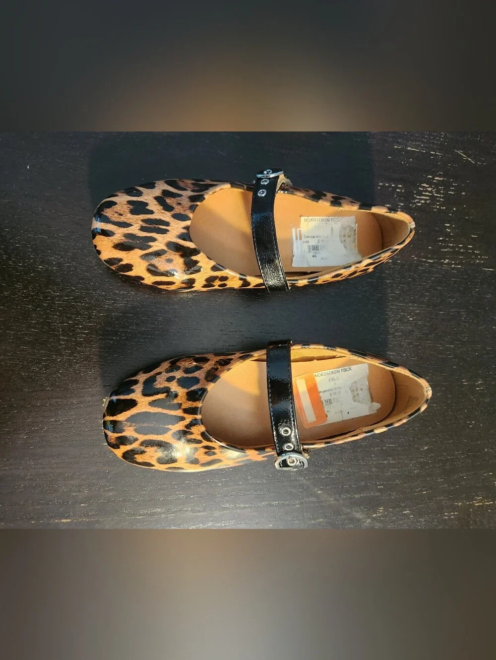 Girls Leopard Print Mary Jane Flats with Black Strap.